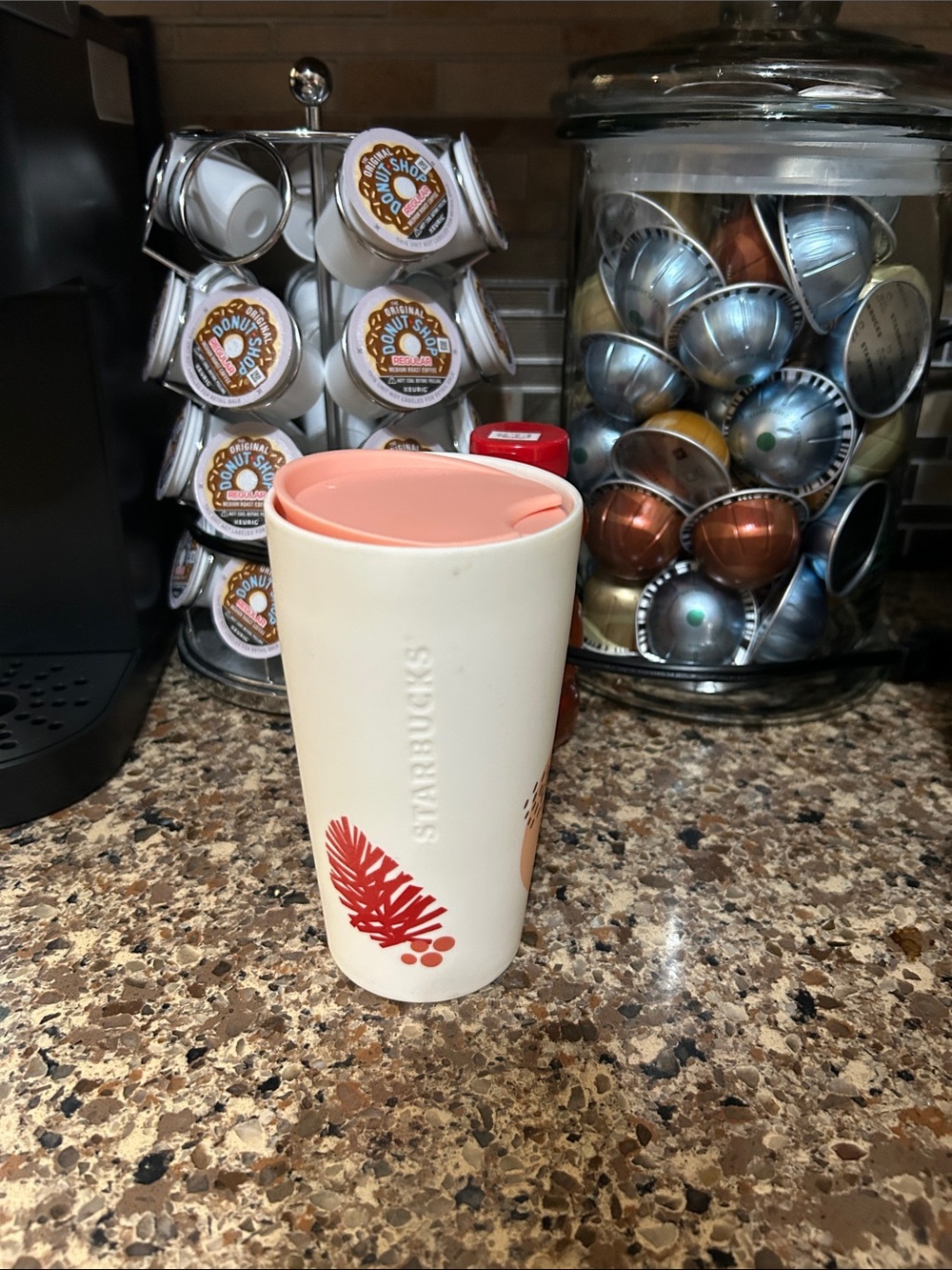 Starbucks Limited Cream Ceramic Travel Mug with Pink Lid and Red Pinecone Design